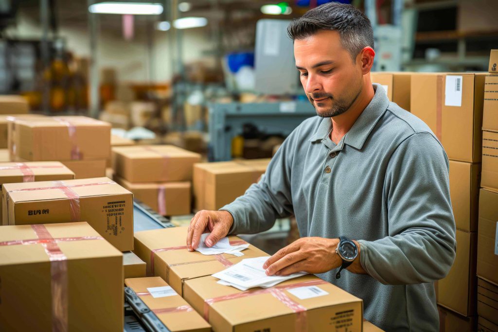 Homme qui mets des étiquettes sur des cartons